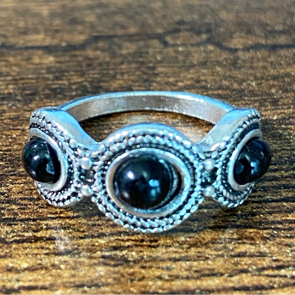 Boho Triple Black Agate & Stainless Steel Women’s Ring Size 7